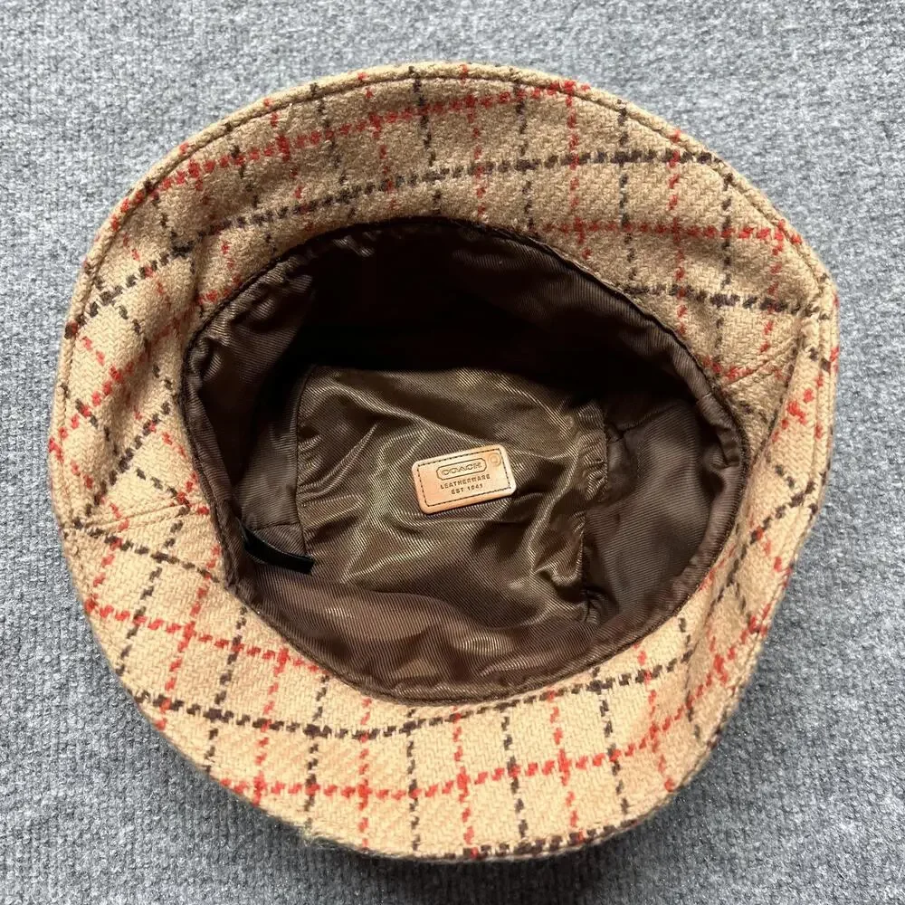 Coach Hat Bucket Womens S Beige Wool Plaid Tweed Lined Leather Trim Winter